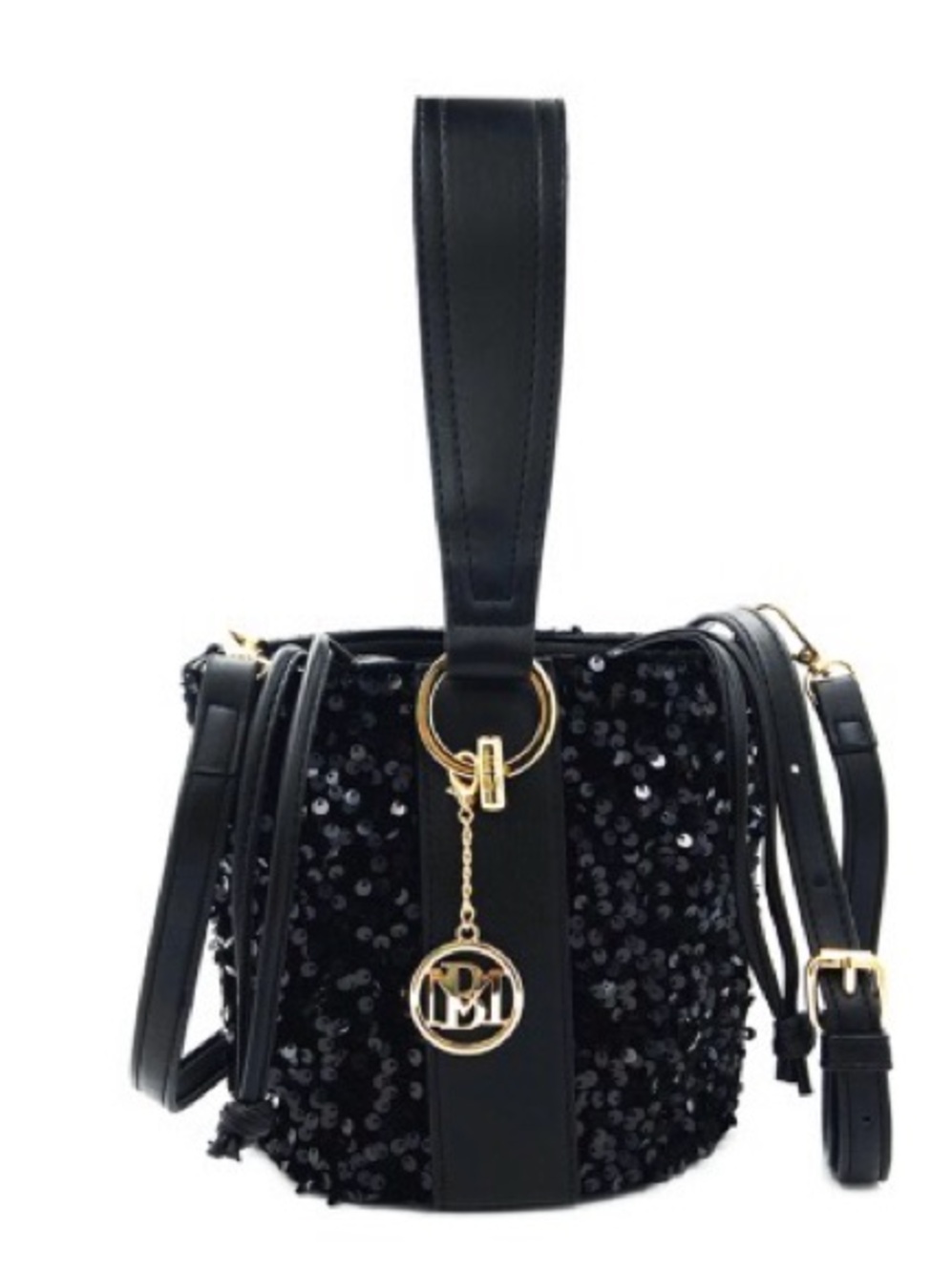 Badgley Mischka Black Sequin Bucket Crossbody with Gold Charm